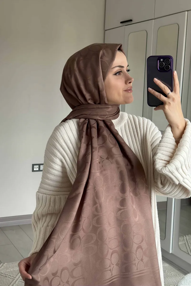 C Desen İpeksi Jakar Şal - Sütlü Kahve - 3