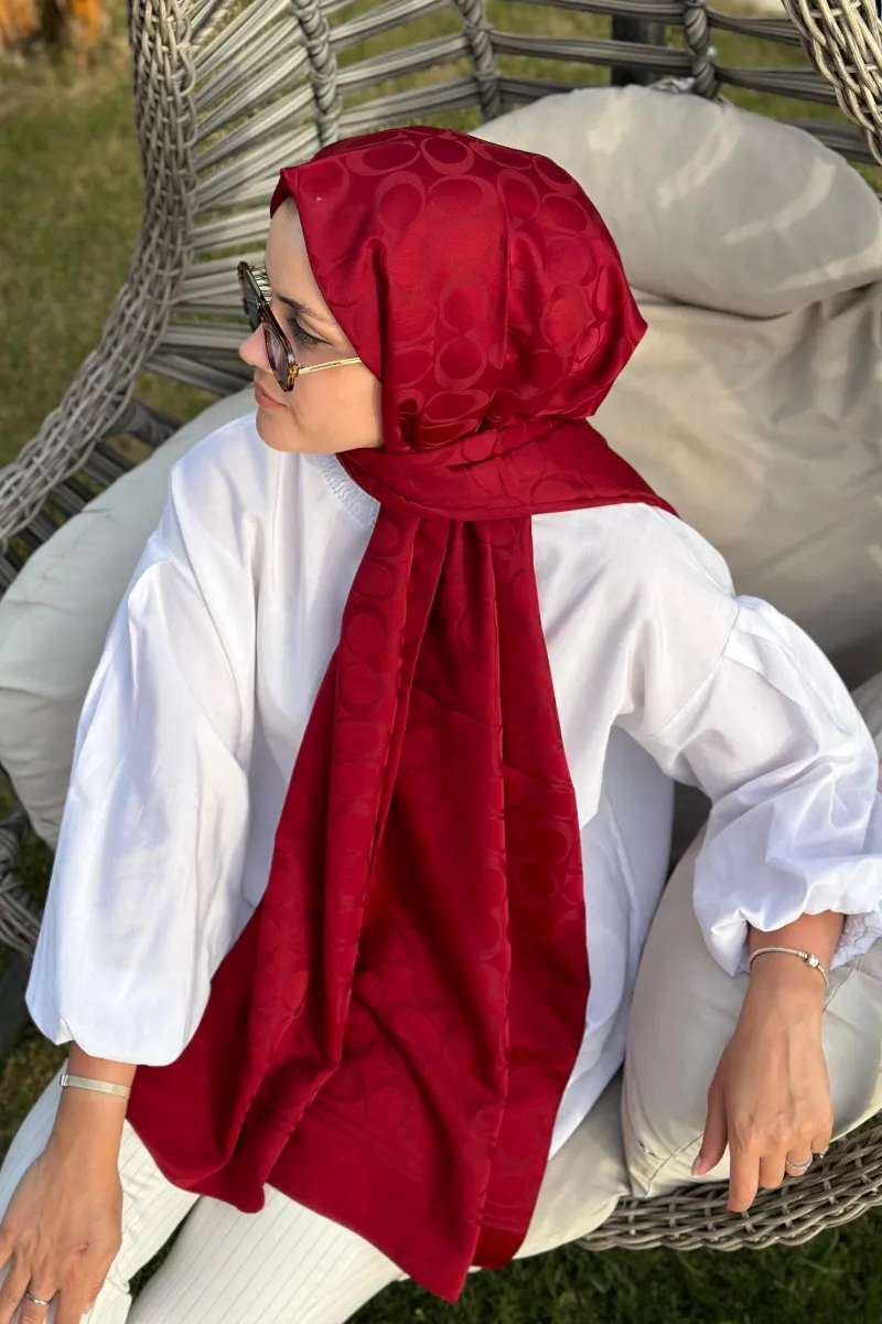 C Desen İpeksi Jakar Şal - Bordo - 2