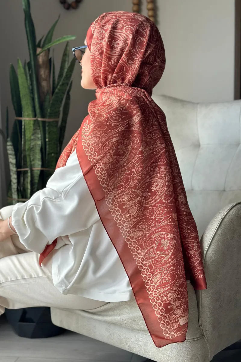 Retro Desen Soft Pamuk Şal - Tarçın - 3
