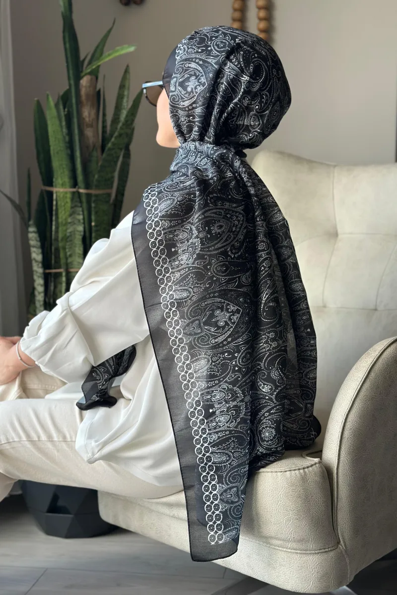 Retro Desen Soft Pamuk Şal - Siyah - 3