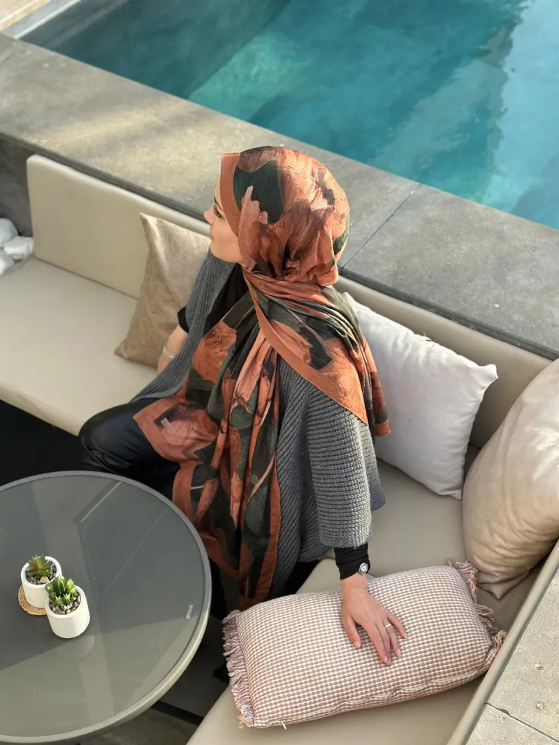 Flora Desen Soft Pamuk Şal - Kiremit - 2