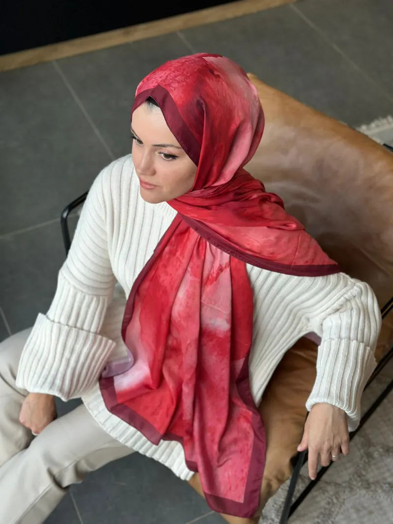 Water Color Desen Soft Pamuk Şal - Bordo - 2