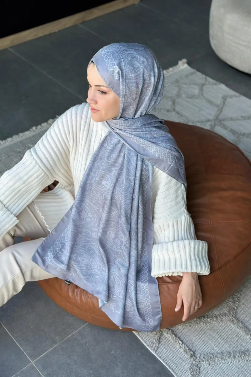Retro Desen Soft Pamuk Şal - Gümüş Gri - 3