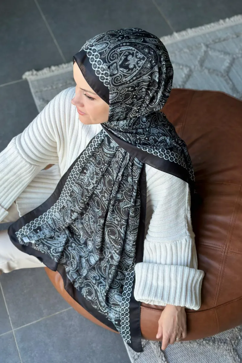 Retro Desen Soft Pamuk Şal - Siyah - 2