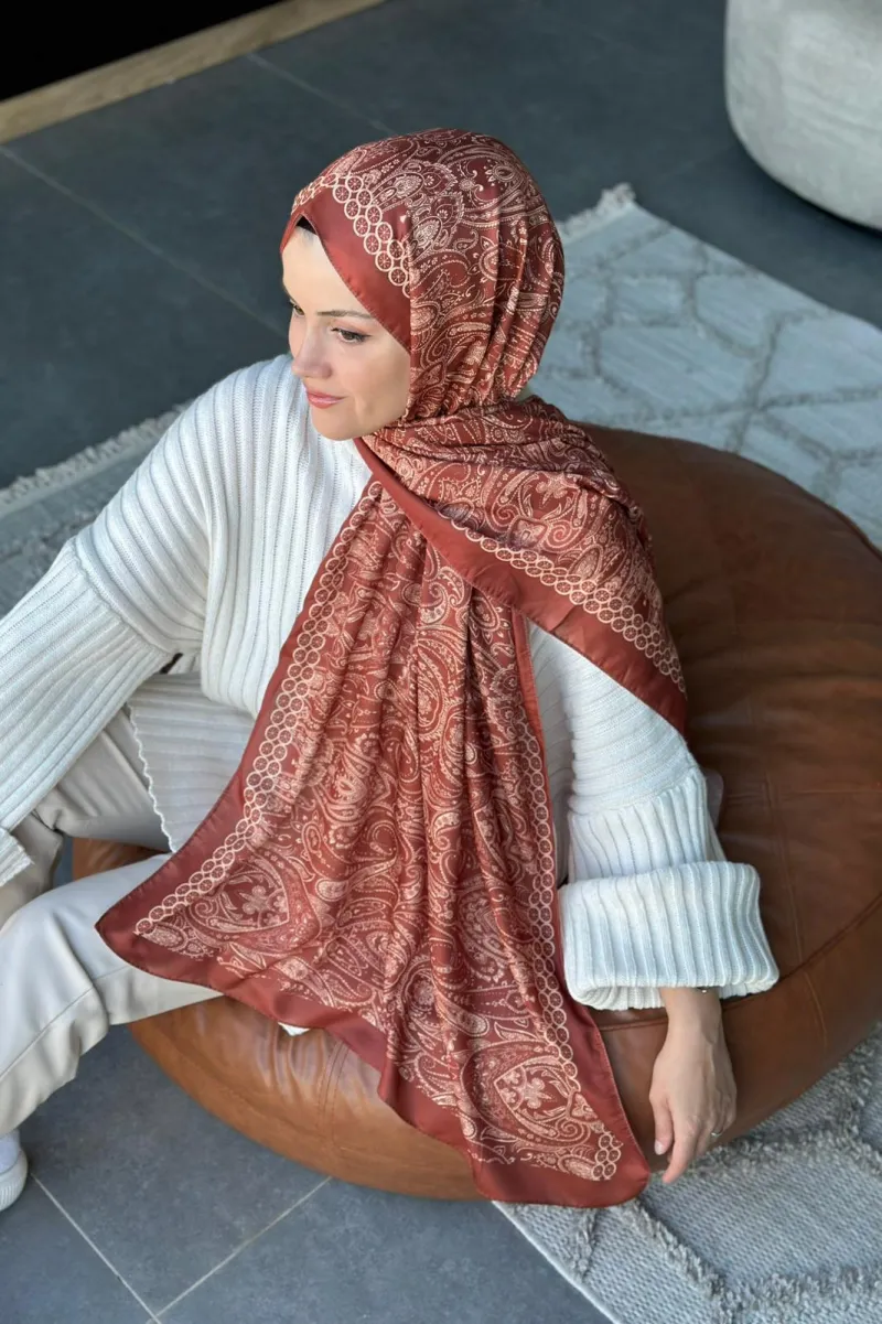 Retro Desen Soft Pamuk Şal - Tarçın - 2