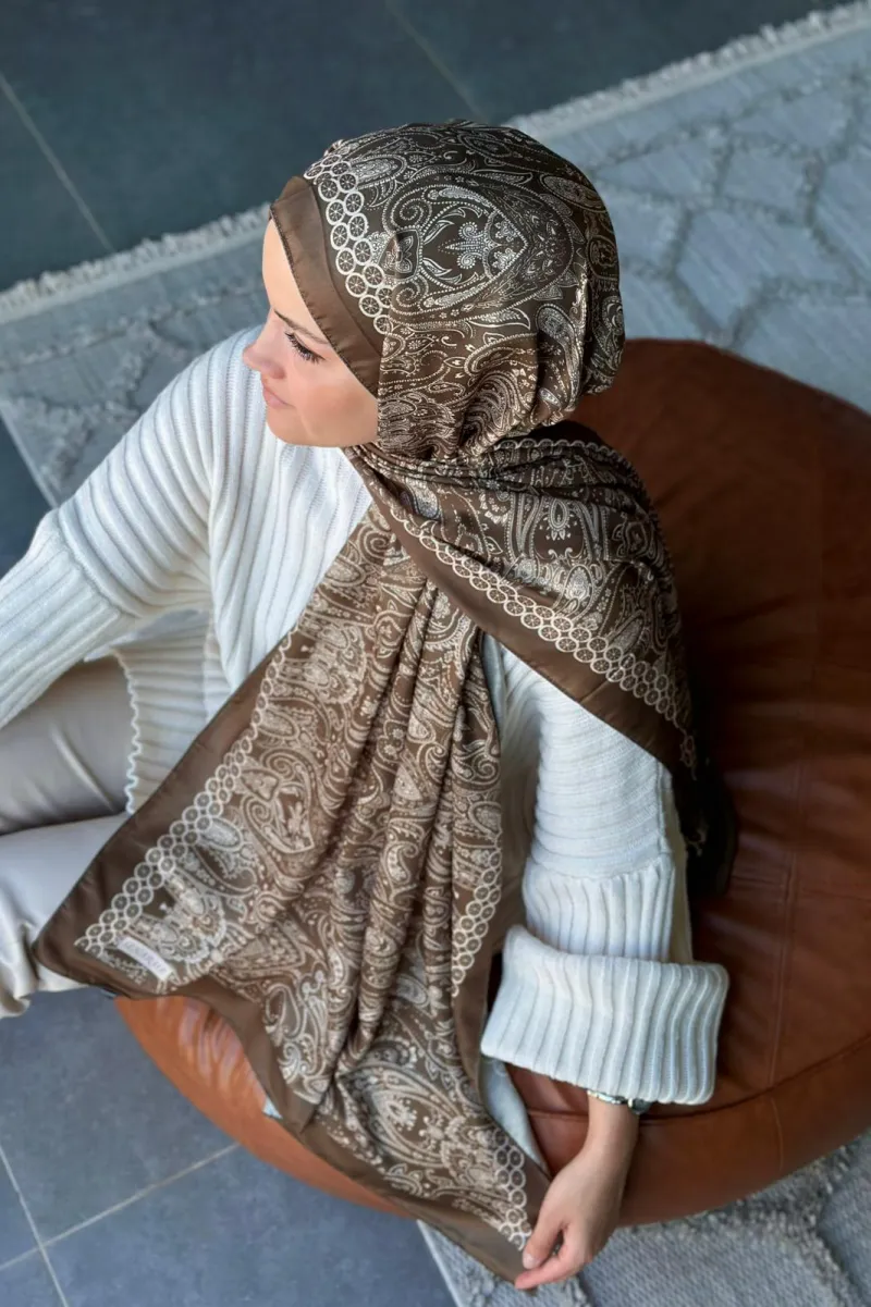 Retro Desen Soft Pamuk Şal - Haki - 2