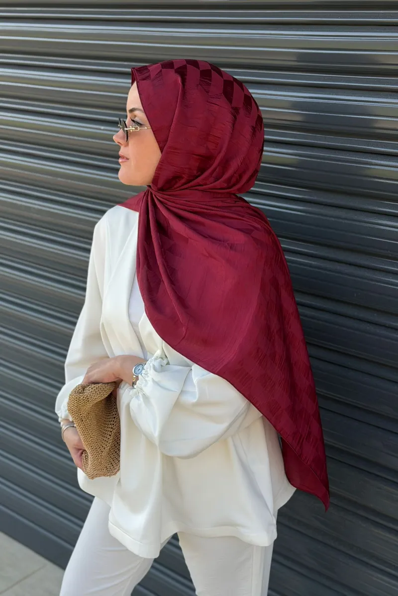 Qoza Desen Pamuk Jakar Şal -  Bordo - 2