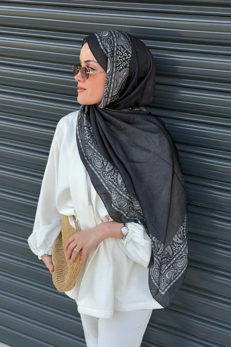 Zerafet Desen Soft Pamuk Şal - Siyah Antrasit - 2