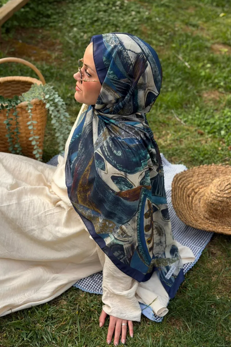 Hifa Desen Soft Pamuk Şal - Lacivert - 2