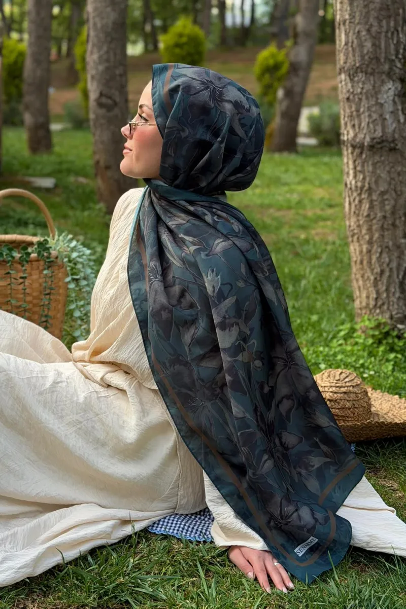Lily Desen Soft Pamuk Şal - Petrol - 3